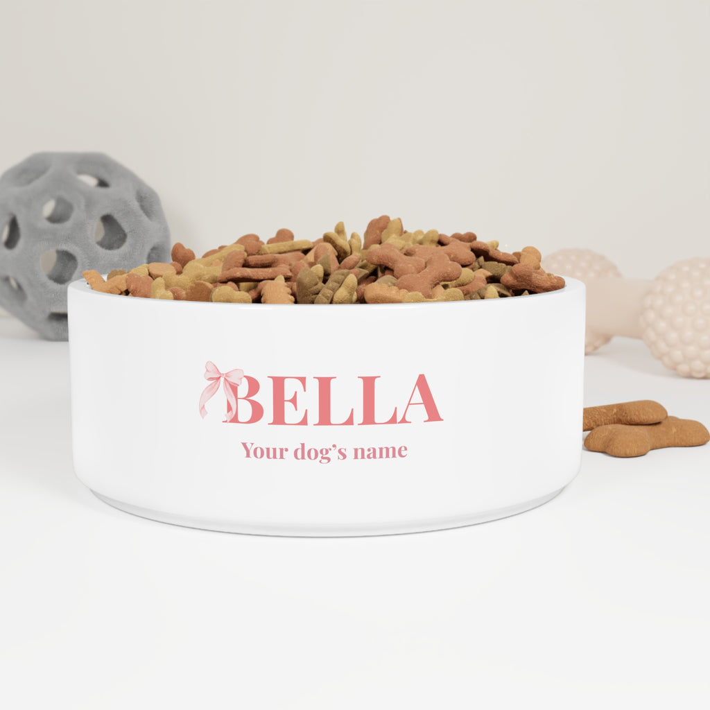 Personalized Pink Bow Pet Bowl — Custom Dog Name Food & Water Dish