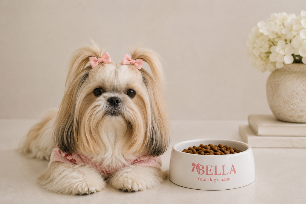 Personalized Pink Bow Pet Bowl — Custom Dog Name Food & Water Dish